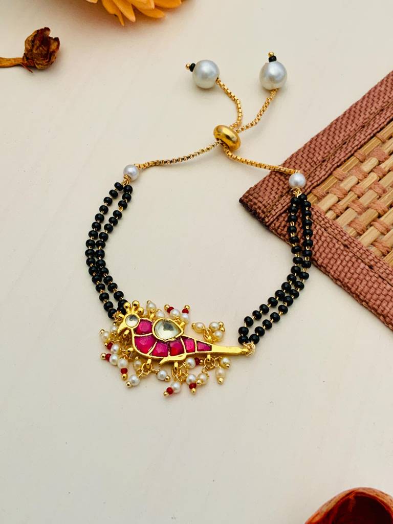 Ethnic Gold Plated Pink Parrot Pachi Kundan Hand Mangalsutra : GPHMPKParrotPink