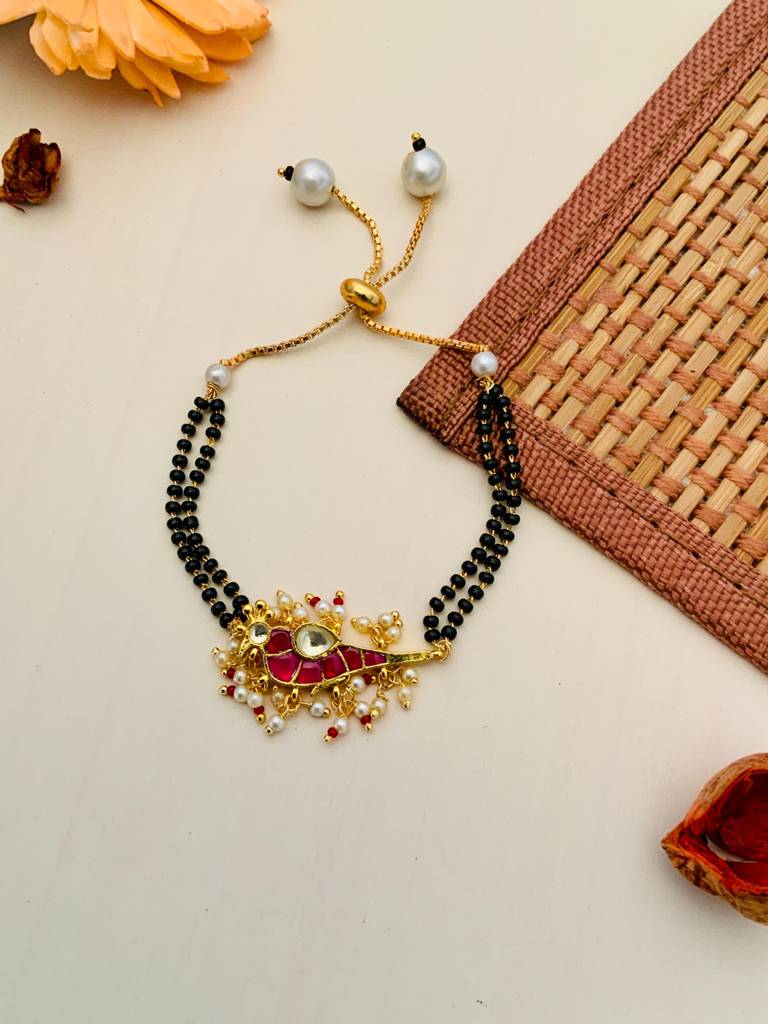 Ethnic Gold Plated Pink Parrot Pachi Kundan Hand Mangalsutra : GPHMPKParrotPink