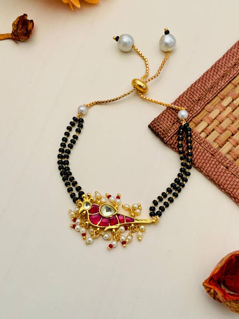 Ethnic Gold Plated Pink Parrot Pachi Kundan Hand Mangalsutra : GPHMPKParrotPink