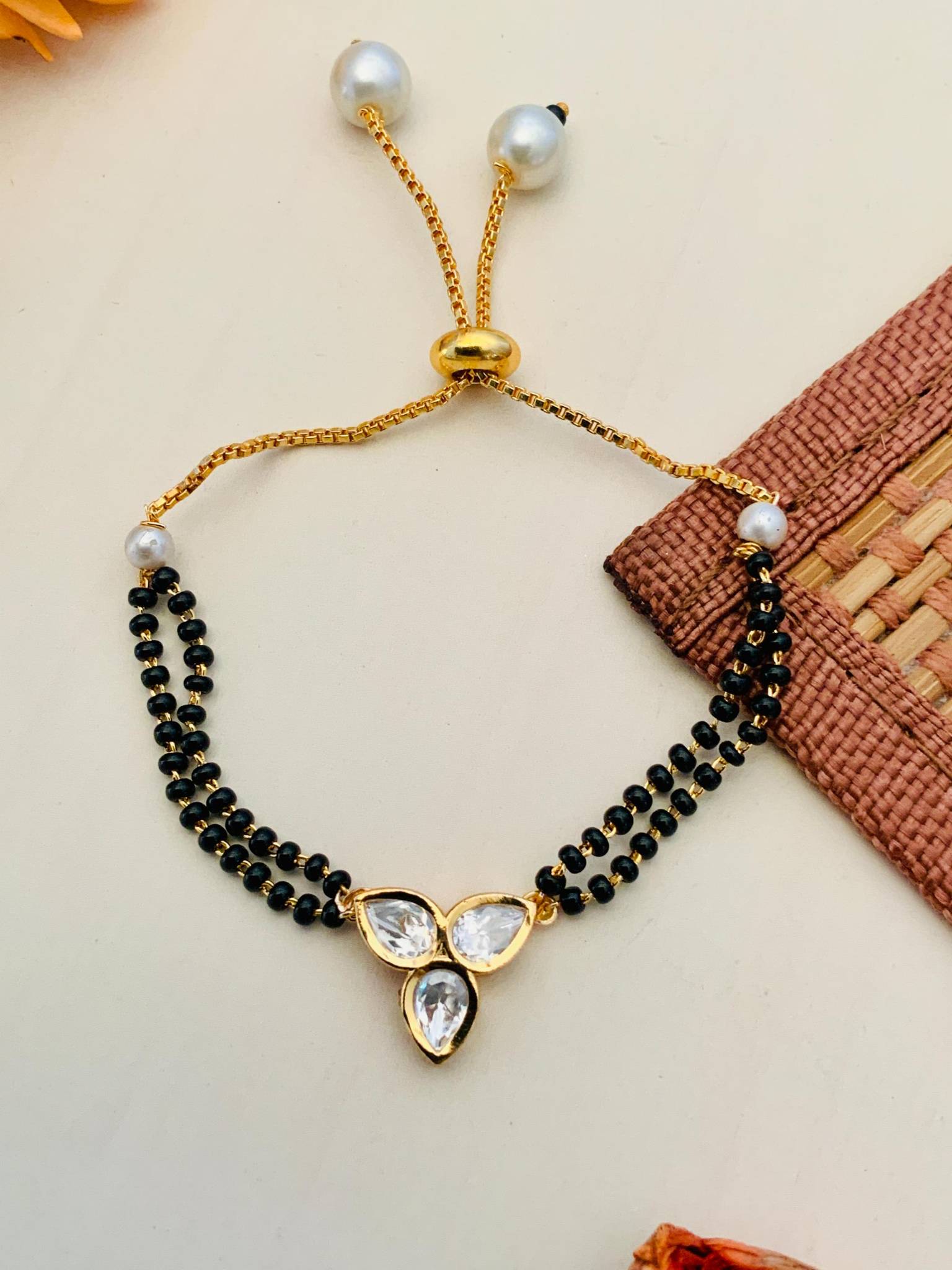 Beautiful Three Floral Polki Gold Plated Hand Mangalsutra : GPHMTriplePolkiFlower