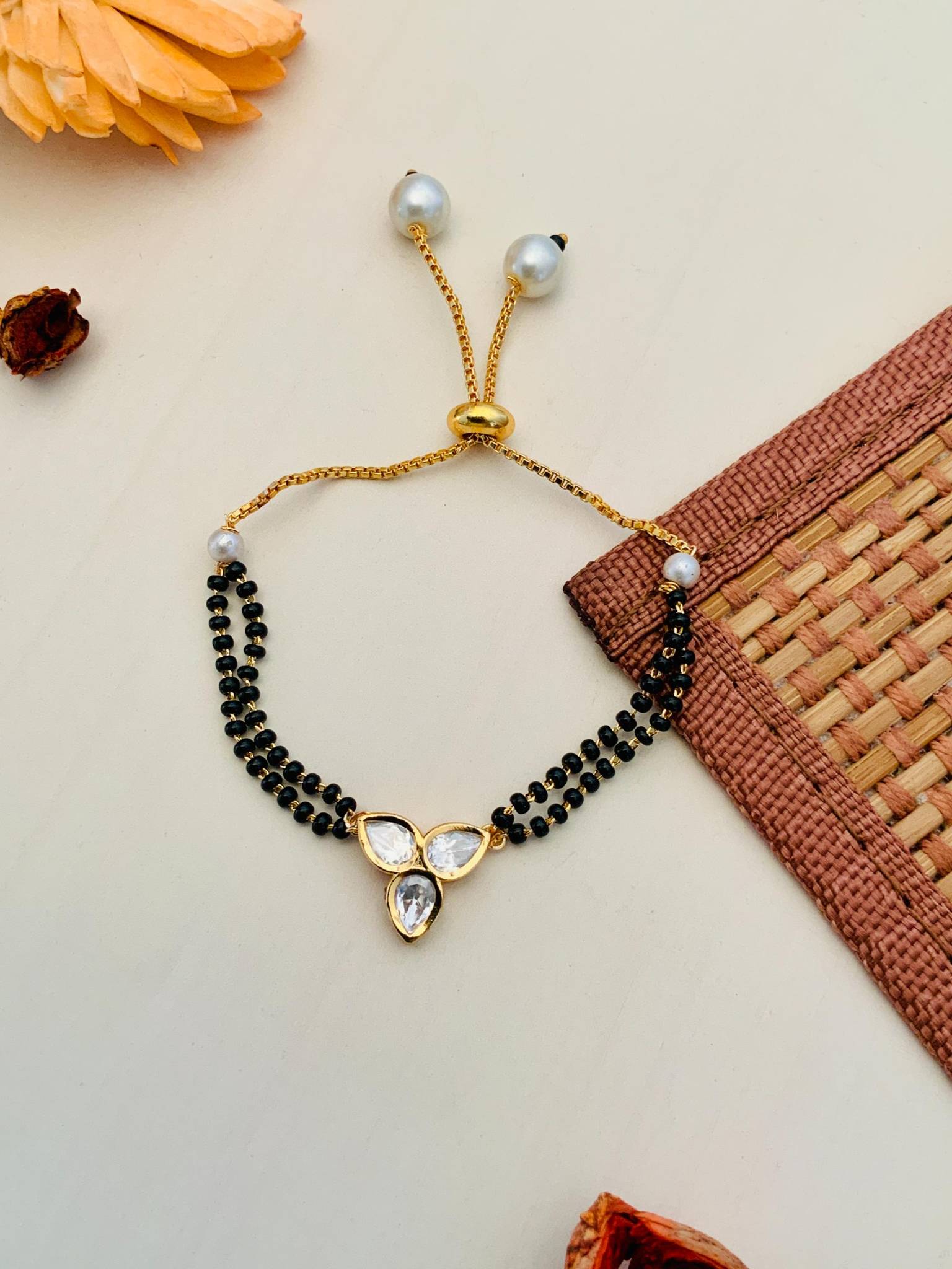 Beautiful Three Floral Polki Gold Plated Hand Mangalsutra : GPHMTriplePolkiFlower