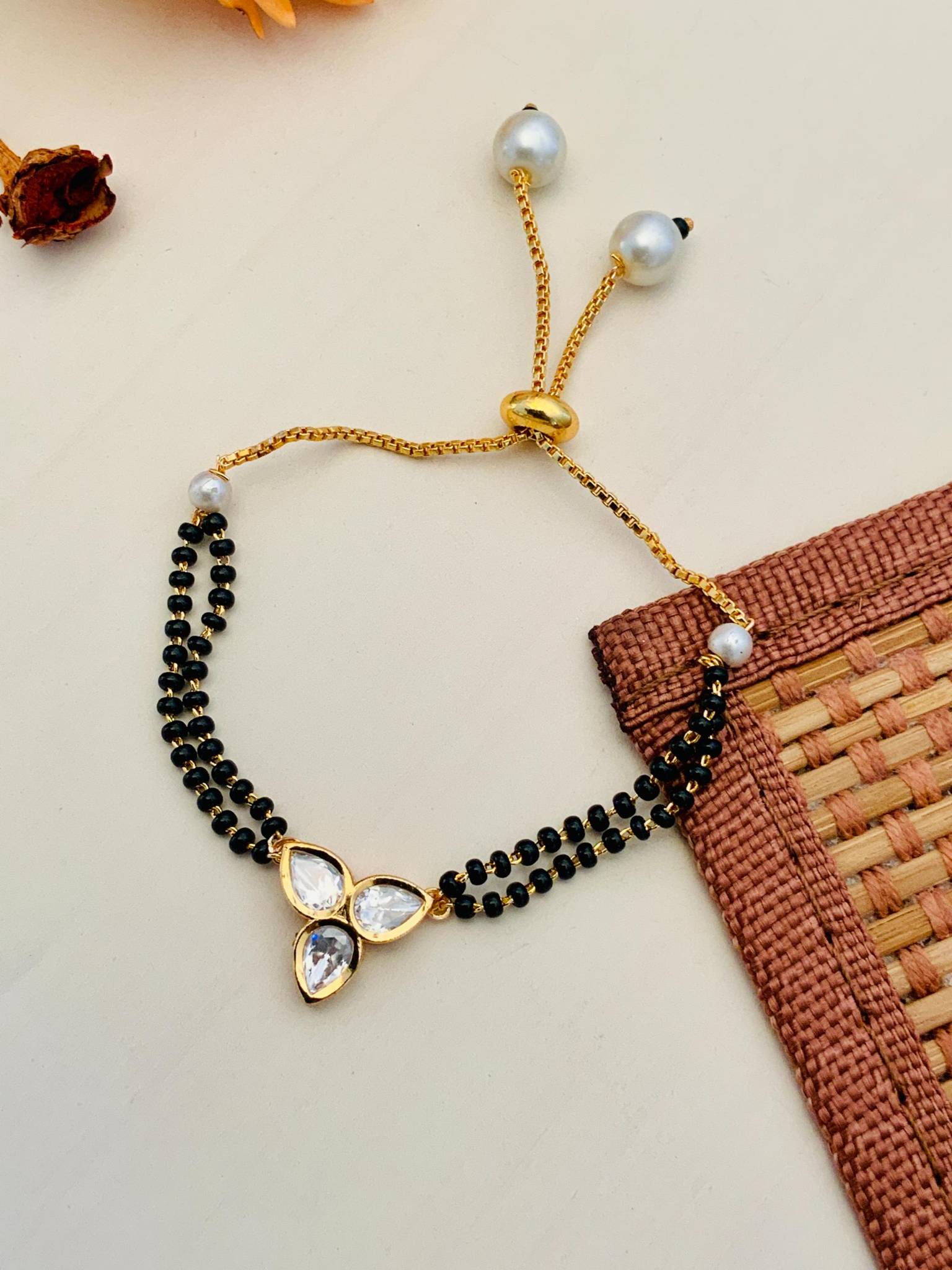 Beautiful Three Floral Polki Gold Plated Hand Mangalsutra : GPHMTriplePolkiFlower