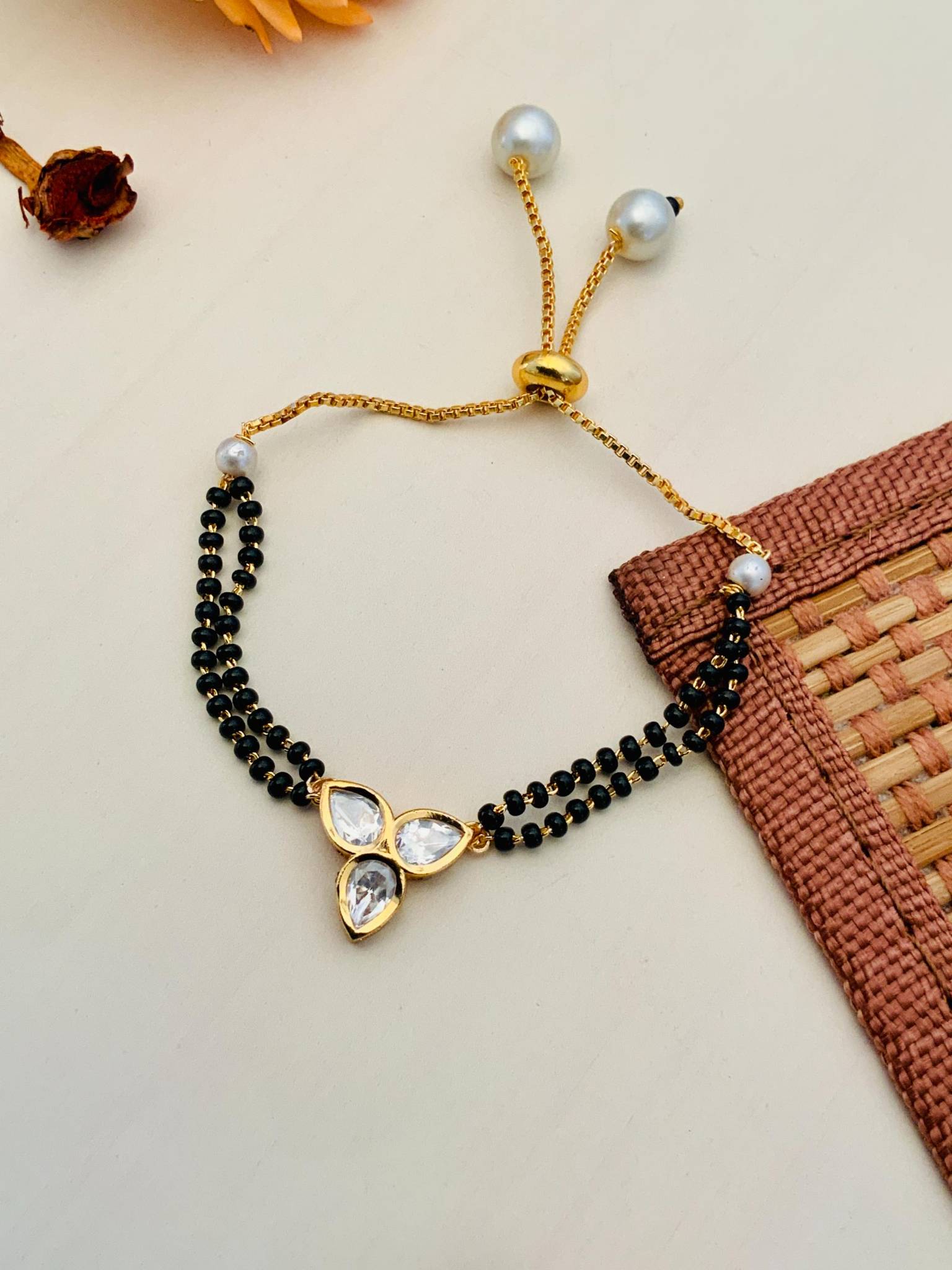Beautiful Three Floral Polki Gold Plated Hand Mangalsutra : GPHMTriplePolkiFlower