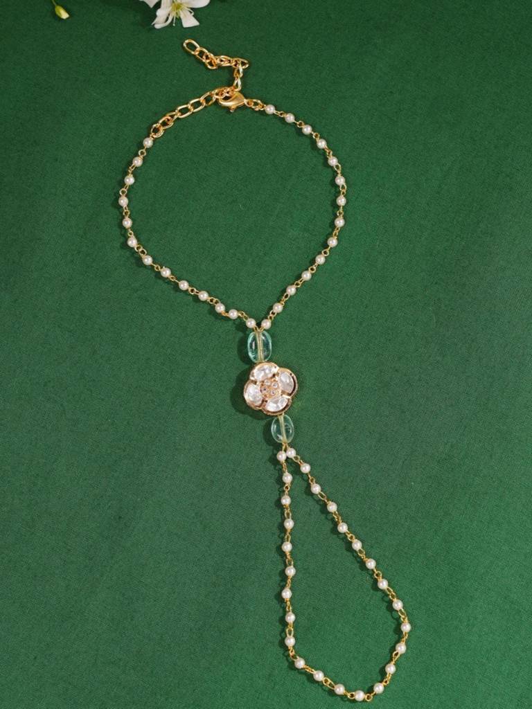 Gold Plated Kundan Studded Women Hand Bracelet : GPJJPocha01LGreen