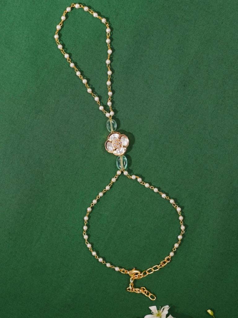 Gold Plated Kundan Studded Women Hand Bracelet : GPJJPocha01LGreen