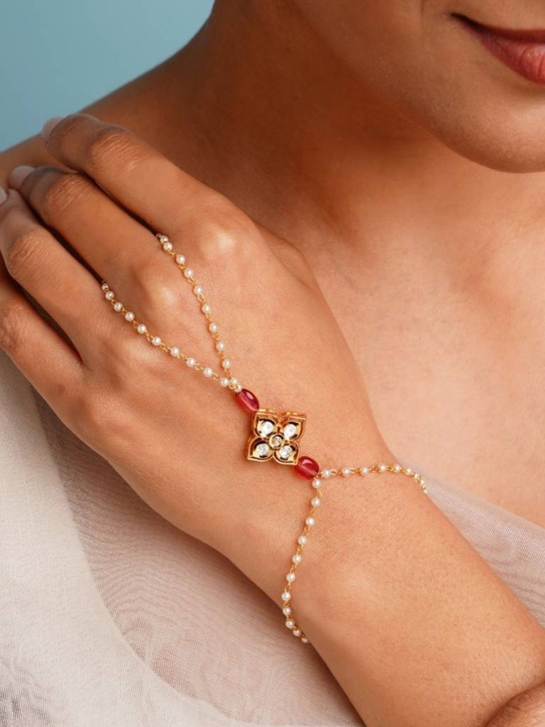 Gold Plated Kundan Studded Women Hand Bracelet : GPJJPocha02DPink