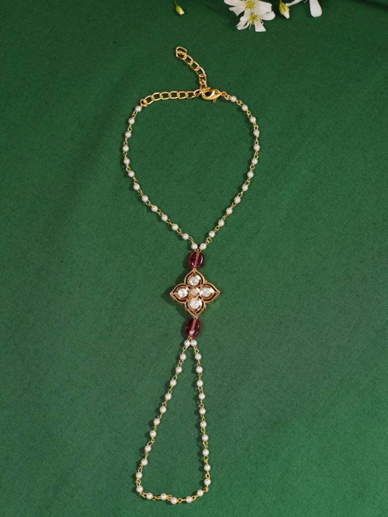 Gold Plated Kundan Studded Women Hand Bracelet : GPJJPocha02DPink