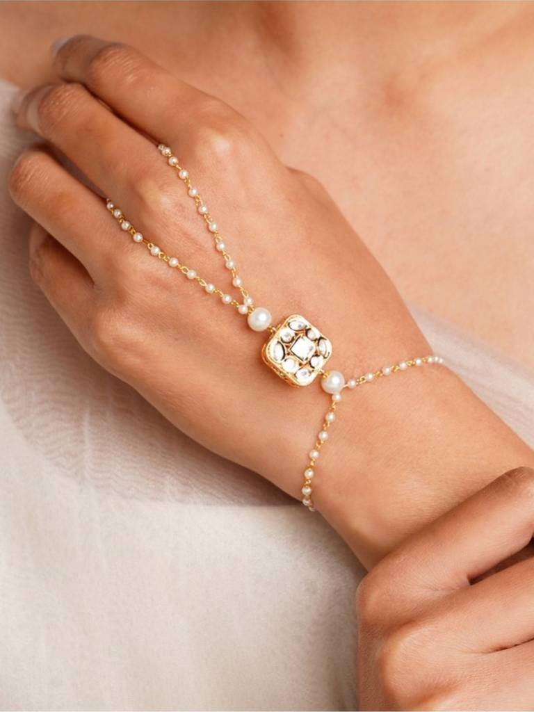Gold Plated Kundan Studded Women Hand Bracelet : GPJJPocha03White
