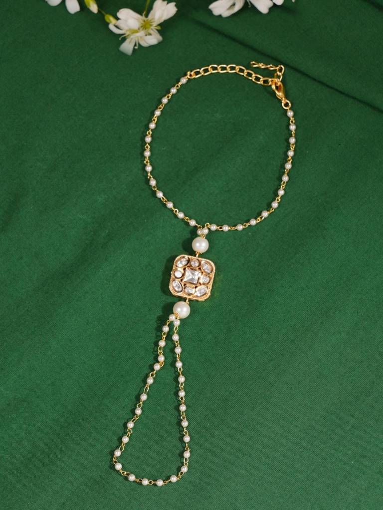 Gold Plated Kundan Studded Women Hand Bracelet : GPJJPocha03White