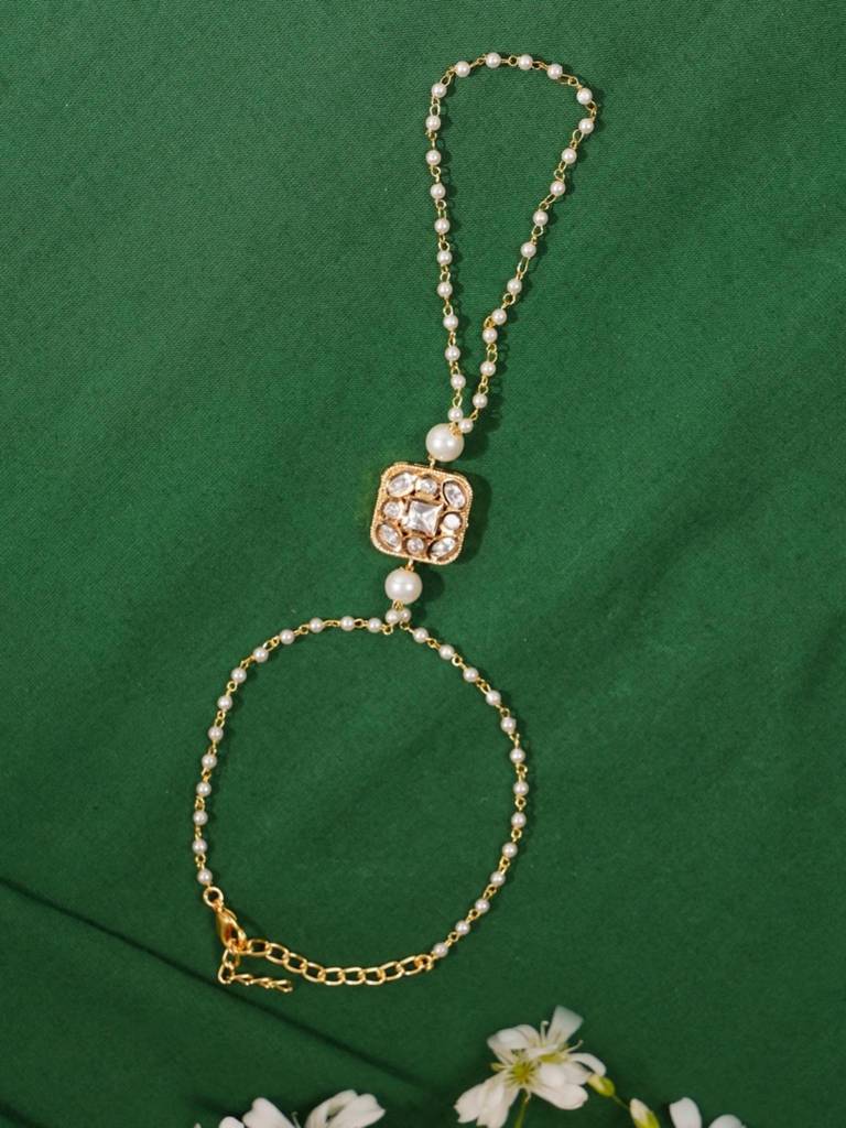 Gold Plated Kundan Studded Women Hand Bracelet : GPJJPocha03White