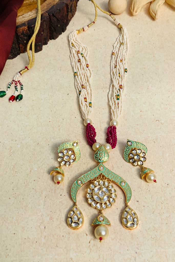 Antique Meenakari Gold Plated Kundan Necklace Set-Gpkundanncemmar02 : GPKundanNCEmmaR02