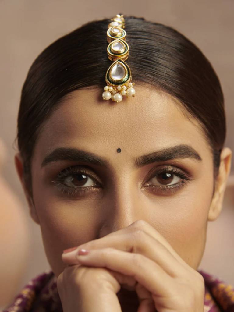Goldplated Kundan Studded And Beaded Maang Tikka : GPMG6KundanGreen