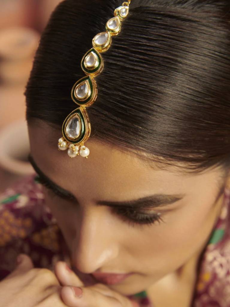 Goldplated Kundan Studded And Beaded Maang Tikka : GPMG6KundanGreen