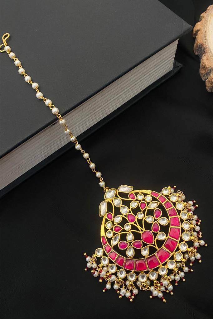 Elite Kundan Gold Plated Maangtikka : GPMGPKPink