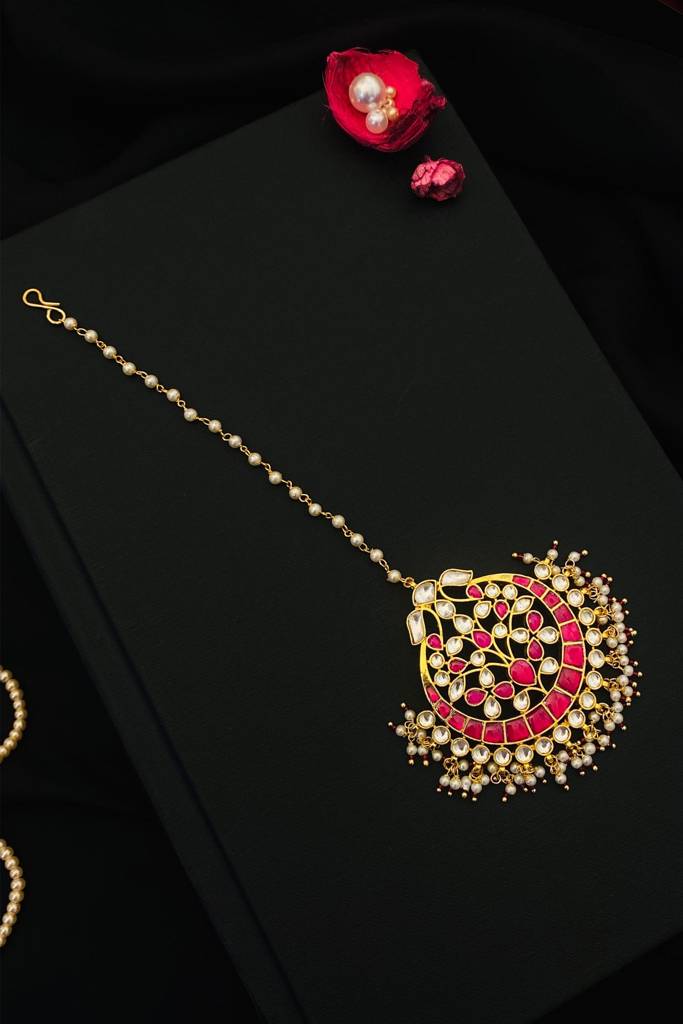 Elite Kundan Gold Plated Maangtikka : GPMGPKPink