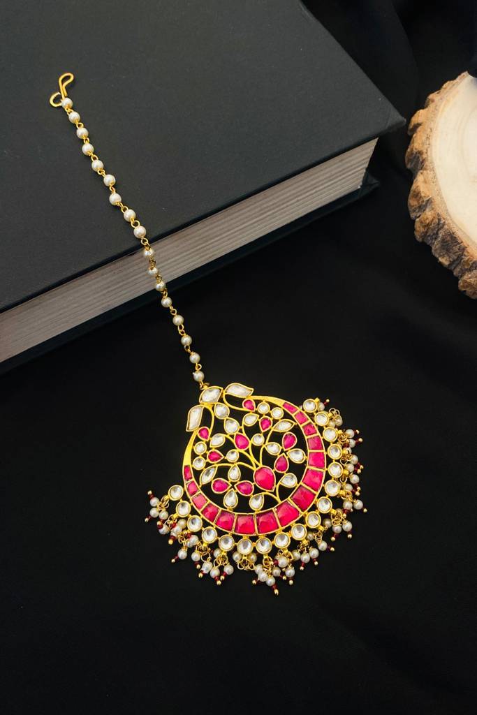 Elite Kundan Gold Plated Maangtikka : GPMGPKPink