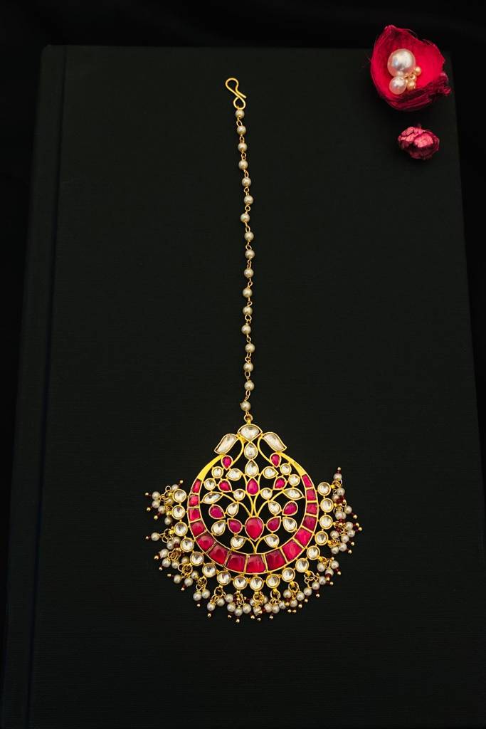 Elite Kundan Gold Plated Maangtikka : GPMGPKPink
