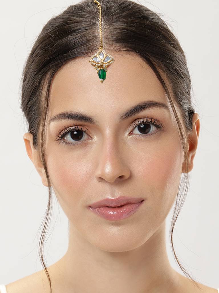 Royal Gold Plated Polki Maangtikka : GPMGPolkiMiniGreen