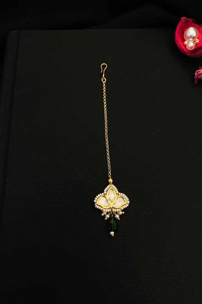 Royal Gold Plated Polki Maangtikka : GPMGPolkiMiniGreen