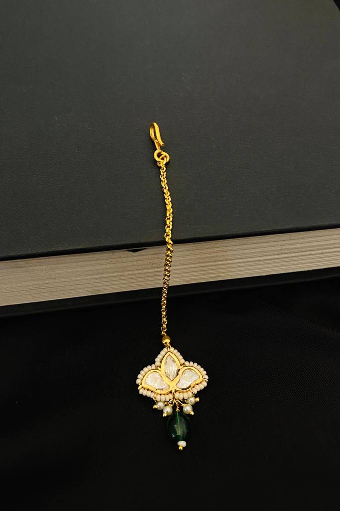Royal Gold Plated Polki Maangtikka : GPMGPolkiMiniGreen
