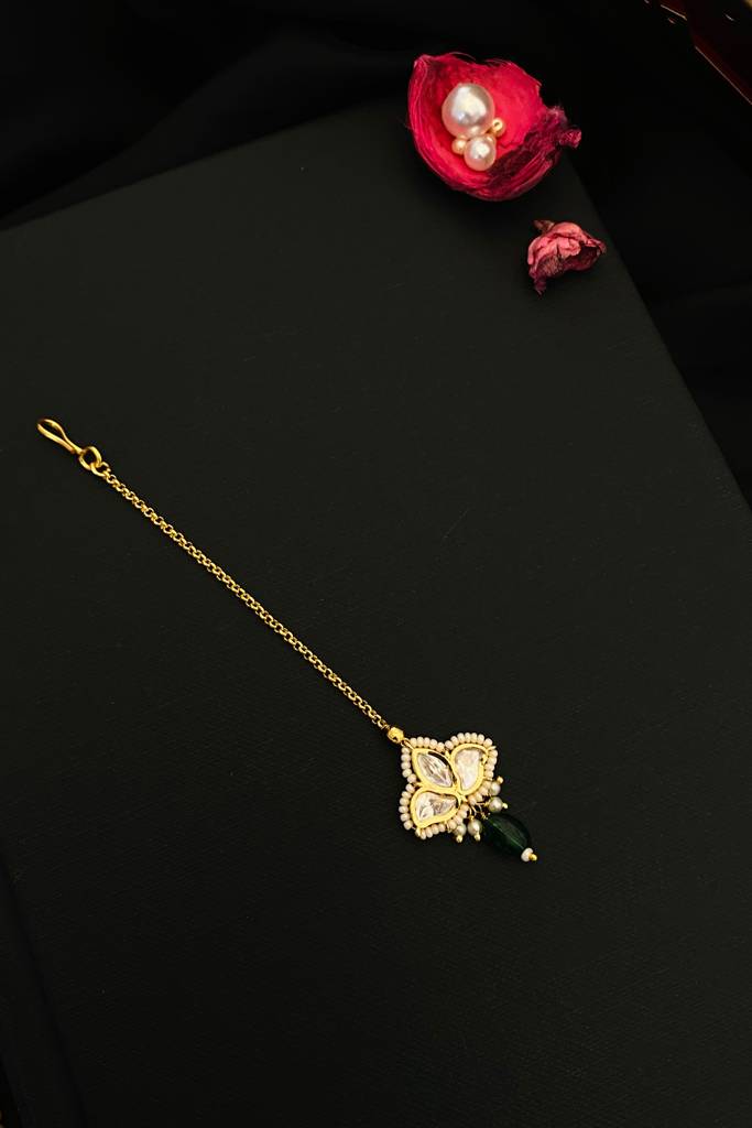 Royal Gold Plated Polki Maangtikka : GPMGPolkiMiniGreen