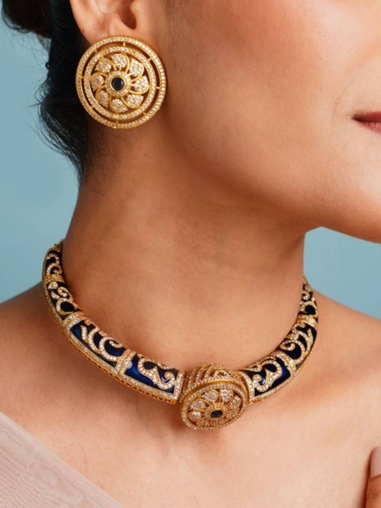 Sophisticated Gold Plated Meenakari American Diamond Studded Royal Blue  Hasli Necklace Set-Gpmmjhasli01Bluer02 Blue Brass One Size