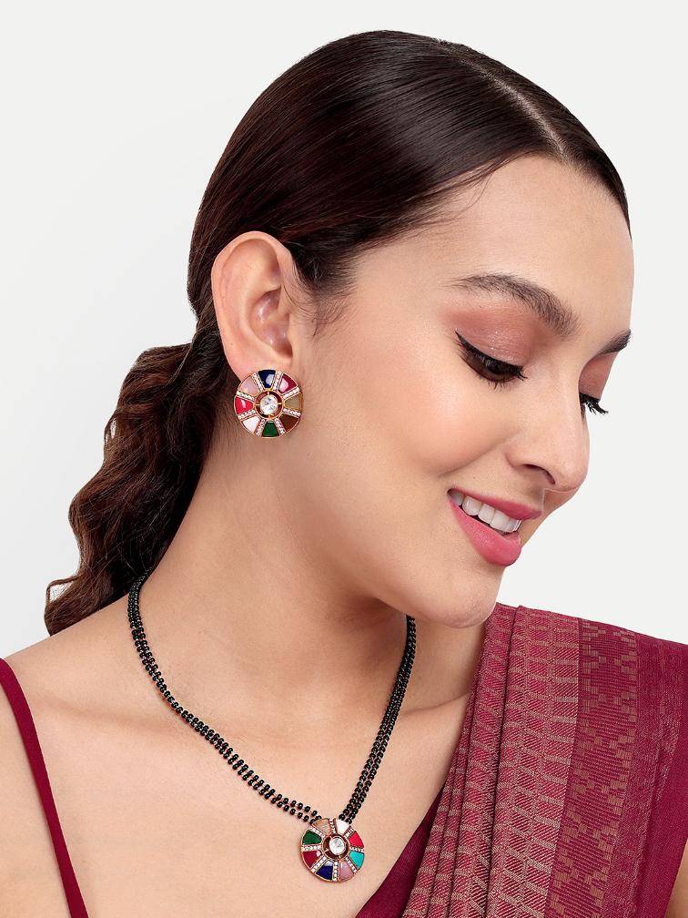 Beautiful Gold Plated Mangalsutra With Black Bead Accents : GPMS18DNavratnaCombo