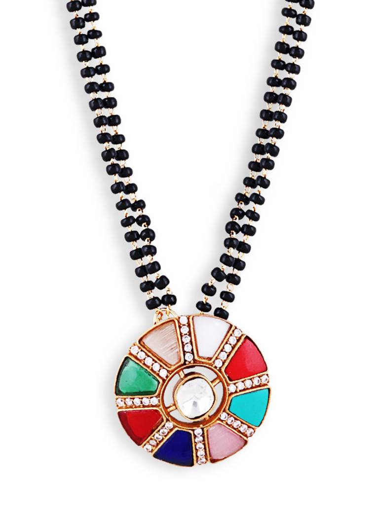 Beautiful Gold Plated Mangalsutra With Black Bead Accents : GPMS18DNavratnaCombo