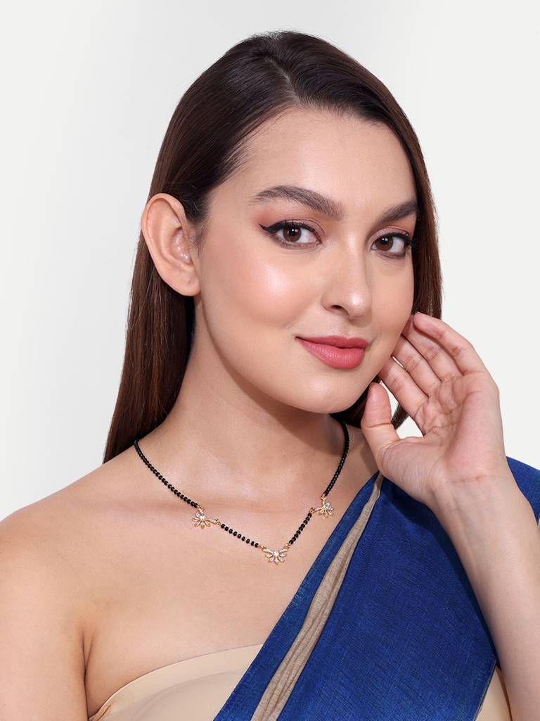 Designer Gold Plated Mangalsutra Black Bead Accent : GPMSTripleAutograph
