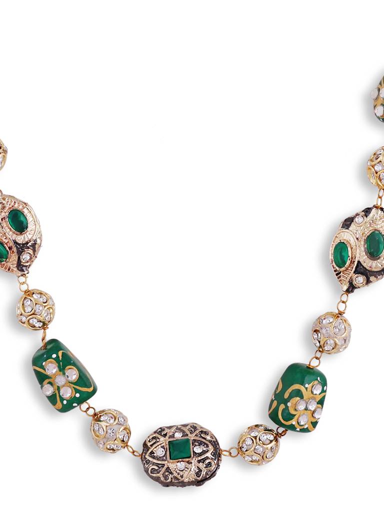 Golden Green Beads Pearls Stones Jaipuri Mala With Pair Of Earrings : GPMala1LJaipuriGreen