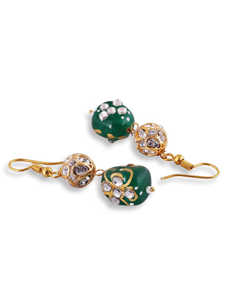 Golden Green Beads Pearls Stones Jaipuri Mala With Pair Of Earrings : GPMala1LJaipuriGreen