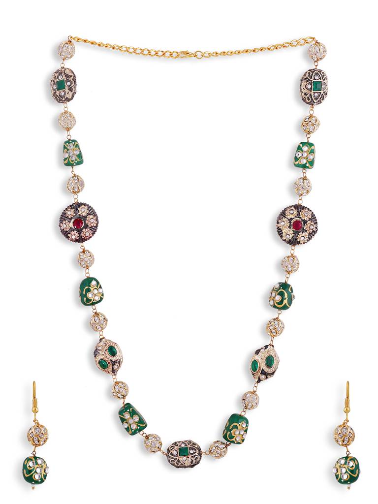 Golden Green Beads Pearls Stones Jaipuri Mala With Pair Of Earrings : GPMala1LJaipuriGreen