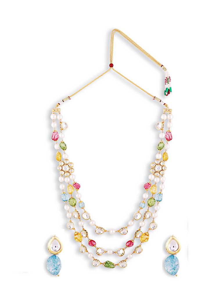 Multicolour Jaipuri Beads Stone Mala With Pair Of Earrings : GPMala3LSubham