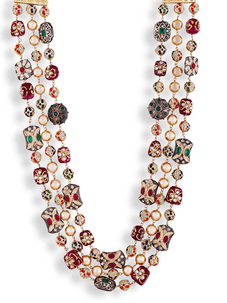 Ruby Red Jaipuri Beads Stone Mala With Pair Of Earrings : GPMala3LWine