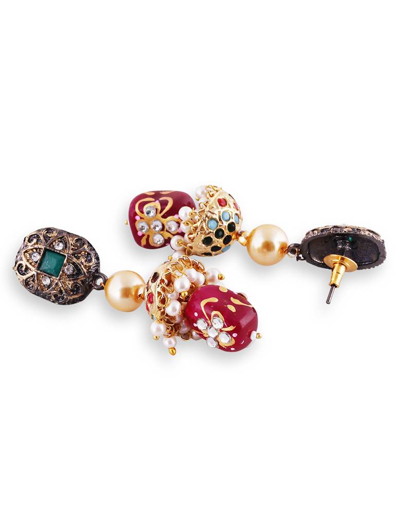 Ruby Red Jaipuri Beads Stone Mala With Pair Of Earrings : GPMala3LWine