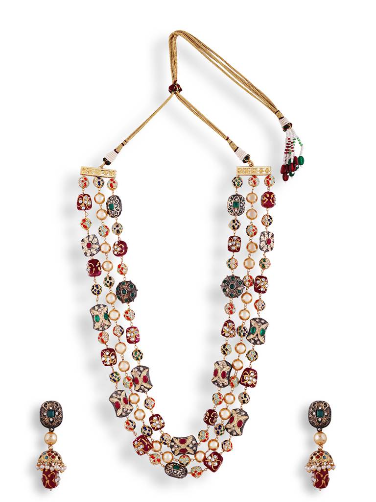 Ruby Red Jaipuri Beads Stone Mala With Pair Of Earrings : GPMala3LWine