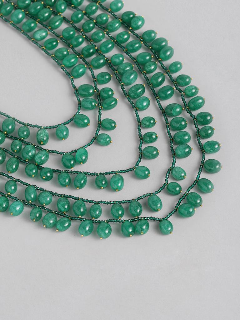 Gold Finish Kundan Multilayered Necklace : GPMalaNatureGreen