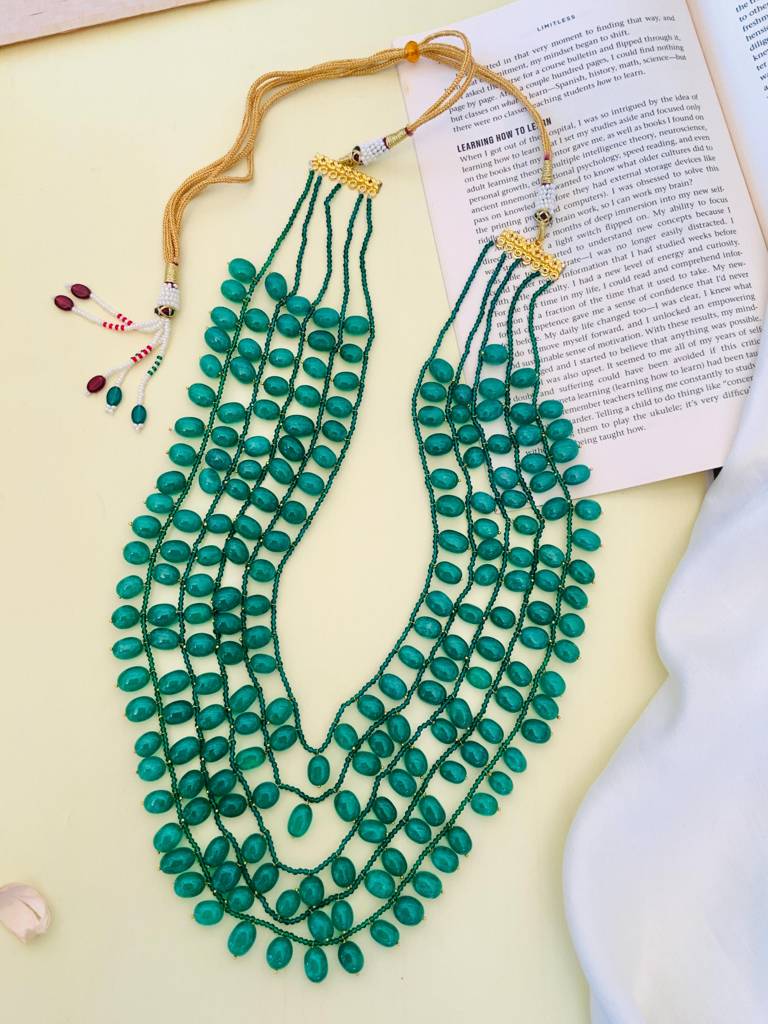 Gold Finish Kundan Multilayered Necklace : GPMalaNatureGreen