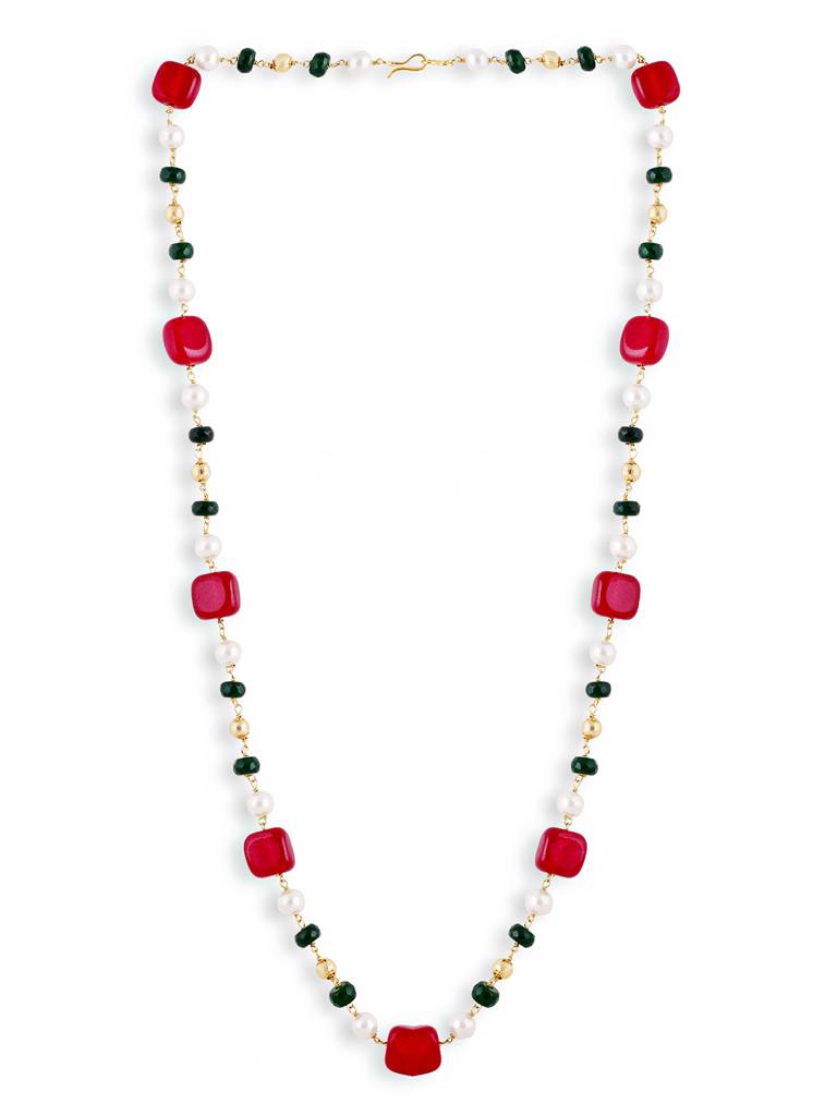 Golden Red Beads Pearls Stones Jaipuri Mala Without Earrings : GPMalaSJJasperRG