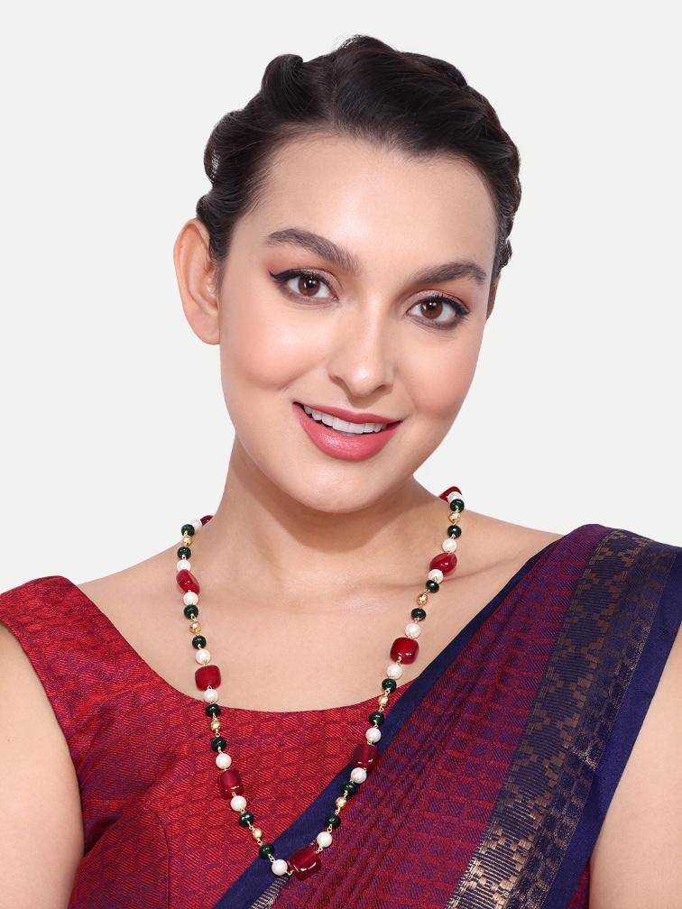 Golden Red Beads Pearls Stones Jaipuri Mala Without Earrings : GPMalaSJJasperRG
