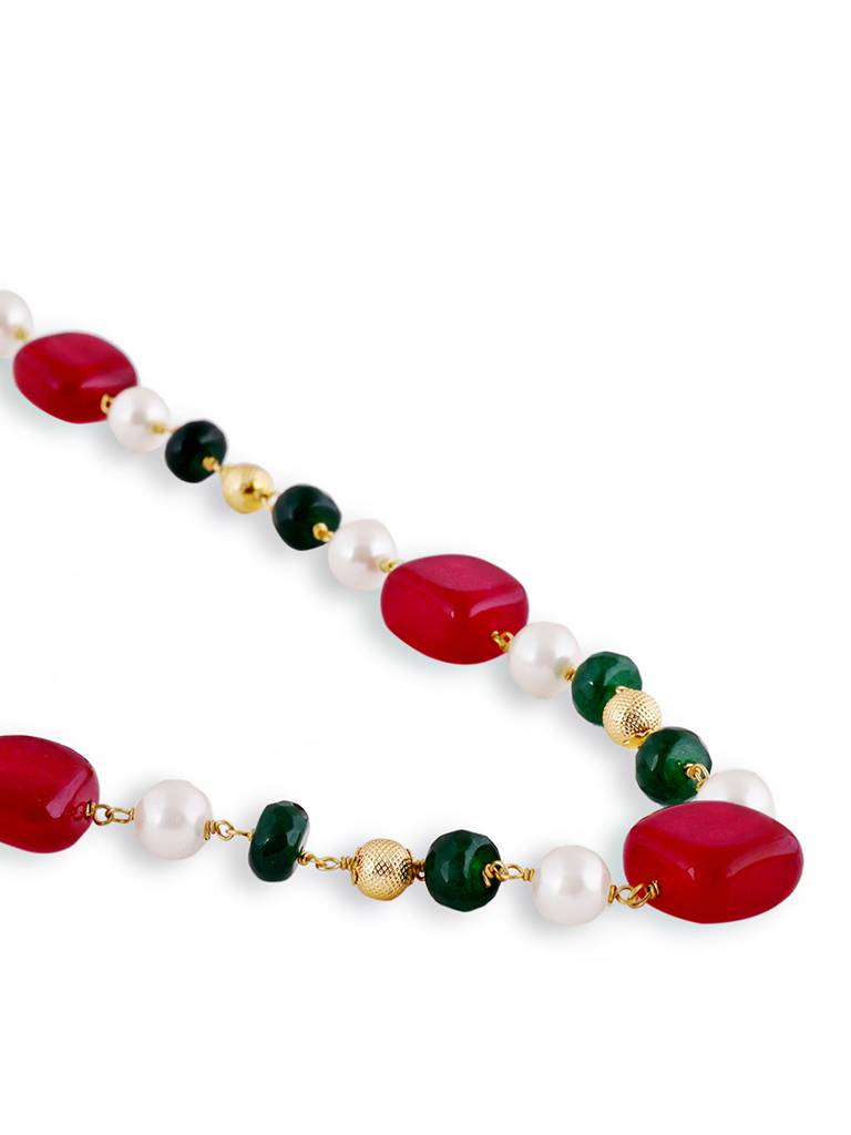 Golden Red Beads Pearls Stones Jaipuri Mala Without Earrings : GPMalaSJJasperRG