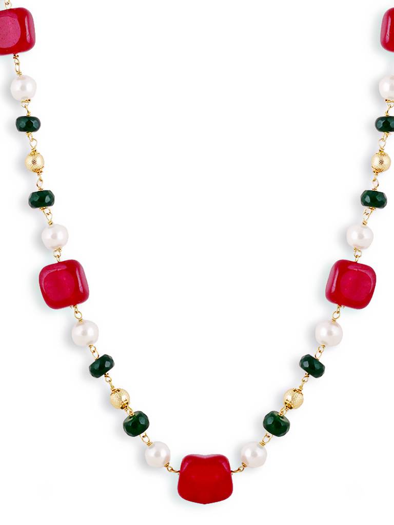 Golden Red Beads Pearls Stones Jaipuri Mala Without Earrings : GPMalaSJJasperRG