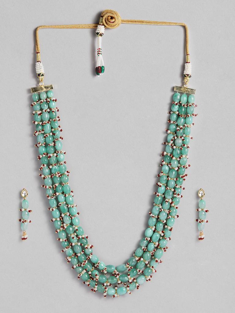 Long Gold Plated Green Stone Mala And Earring : GPMalaVIP