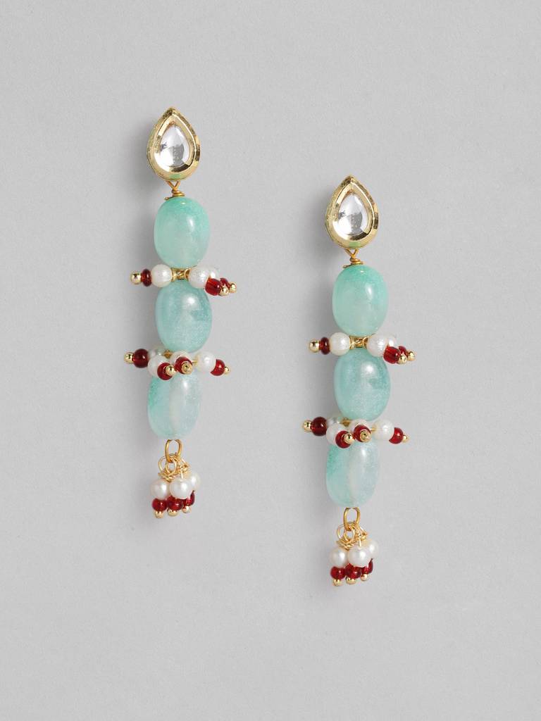 Long Gold Plated Green Stone Mala And Earring : GPMalaVIP