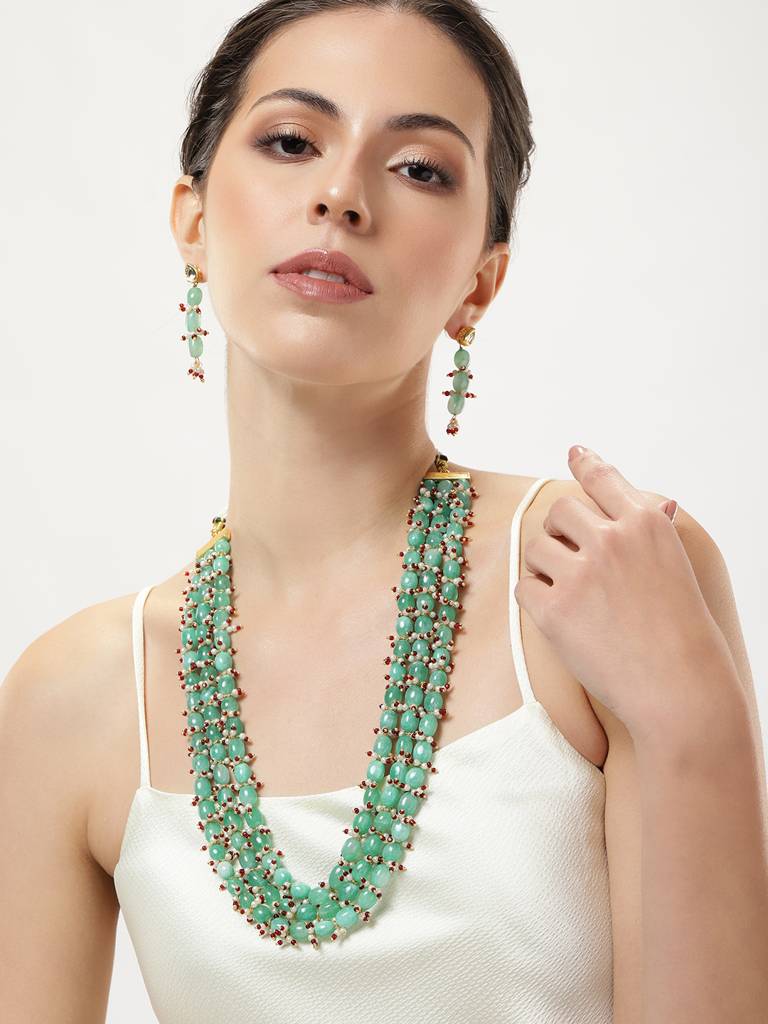Long Gold Plated Green Stone Mala And Earring : GPMalaVIP