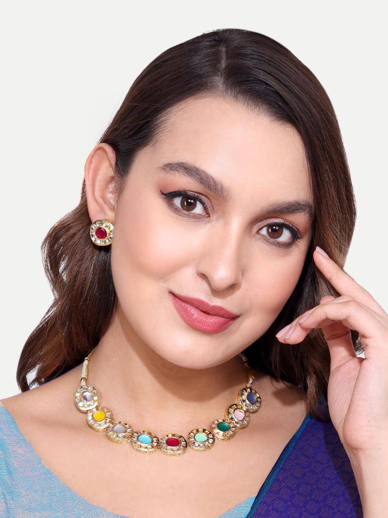 Gold Plated Navratna Stone Antique Necklace With Earrings : GPNecklaceNavratna