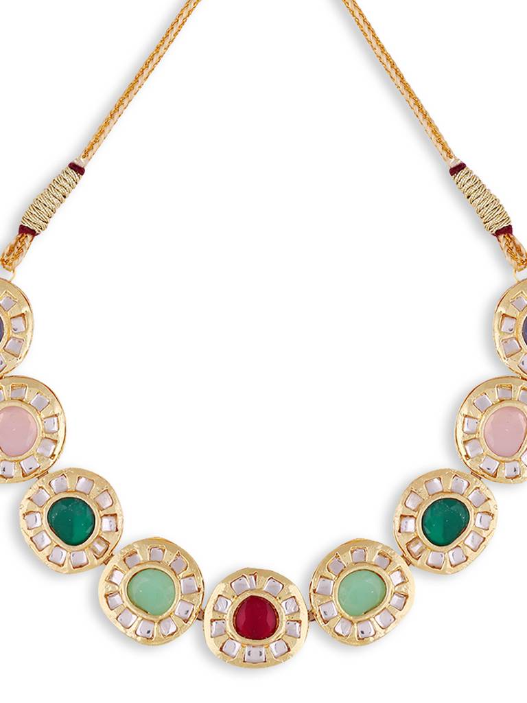 Gold Plated Navratna Stone Antique Necklace With Earrings : GPNecklaceNavratna