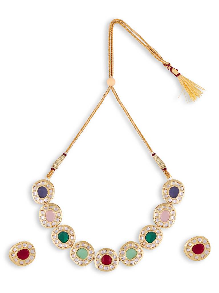 Gold Plated Navratna Stone Antique Necklace With Earrings : GPNecklaceNavratna