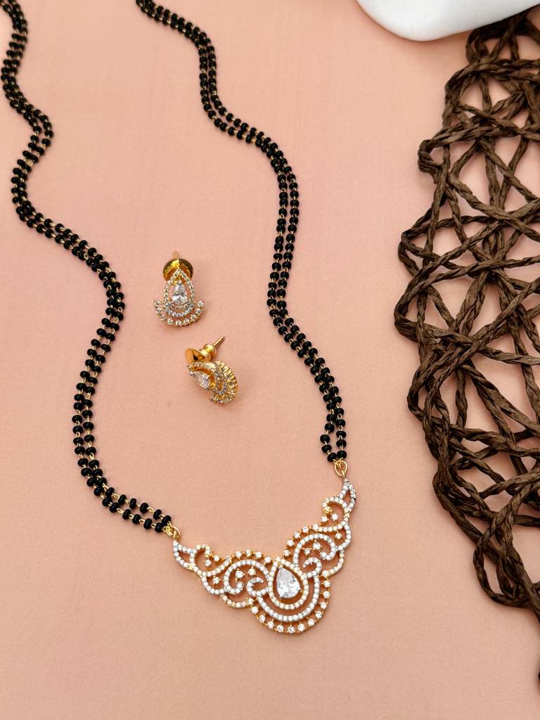 Gold Plated American Diamond Studded & Beaded Mangalsutra Set-Gppjmms18Dshreer01 : GPPJMMS18DShreeR01