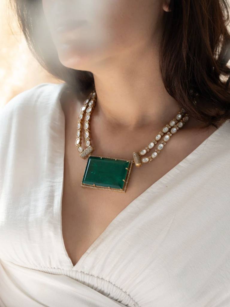 Sophisticated Gold Plated Studded Diamond Kundan Necklace : GPPJMNCEmporiumGreen